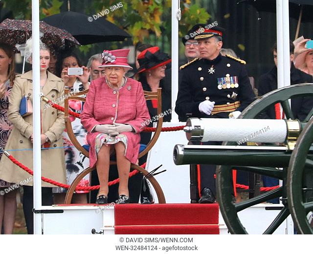 Queen Elizabeth II, as Captain General, reviews The King's Troop Royal Horse Artillery (KTRHA) in Hyde Park, London on the occasion of their 70th Anniversary
