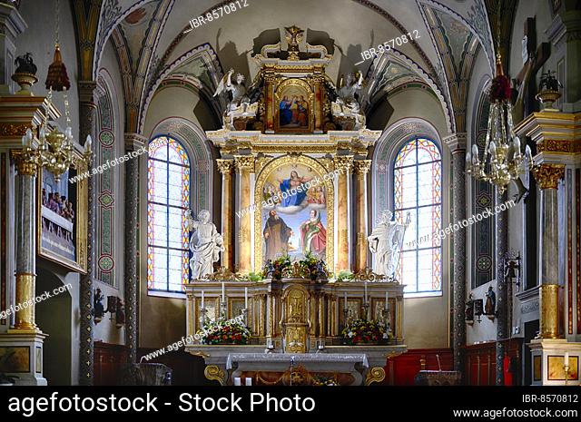 Interior view, main altar with altarpiece, parish church of San Cristina in Val Gardena, Santa Cristina, Val Gardena, South Tyrol, Italy, Europe