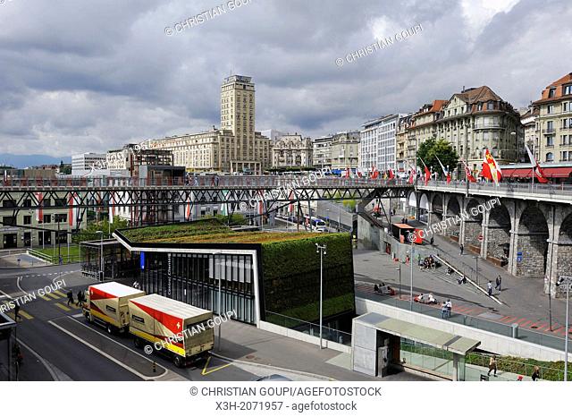 Subway station, Grand-Pont, elevator and footbridge in Le Flon district with the Bel-Air Tower in background, Lausanne, Canton of Vaud, Switzerland, Europe