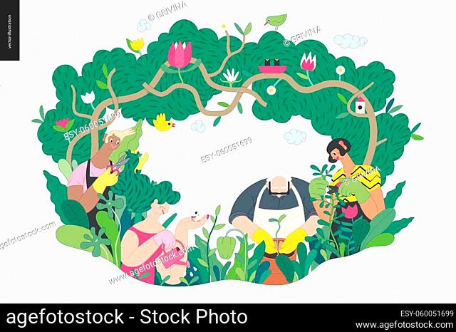 Gardening people, spring - modern flat vector concept illustration of people in the garden wearing aprons and gloves, gardening, watering, planting