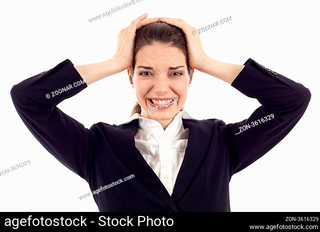 Frustrated pretty woman with hands on her head isolated over white background