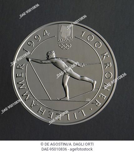 100 kroner silver coin commemorating the 1994 Winter Olympic Games in Lillehammer, issued in 1991, reverse depicting a skiier in the background