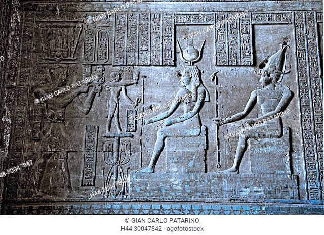 Dendera Egypt, ptolemaic temple dedicated to the goddess Hathor. Carvings on hypostyle hall
