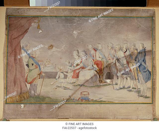 Empress Catherine II with her family and courtiers. Anonymous . Watercolour and ink on paper. Rococo. End 1780s. Russia. State Tretyakov Gallery, Moscow