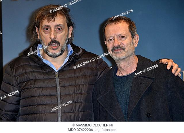 Italian actors Massimo Ceccherini and Rocco Papaleo attend the photocall of the Italian film Pinocchio at The Space Cinema Moderno