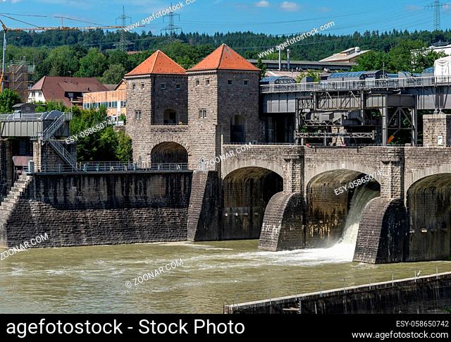 Laufenburg, AG / Switzerland - 4 July 2020: historic hydroelectric power plant on the Rhine River in Laufenburg