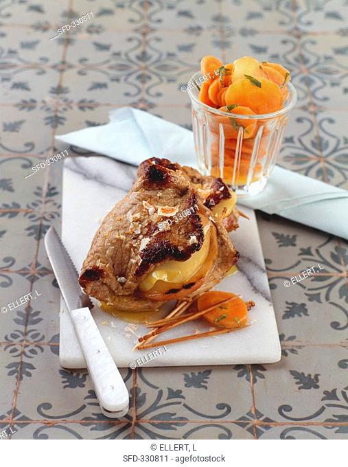 Grilled, stuffed veal escalope with carrots