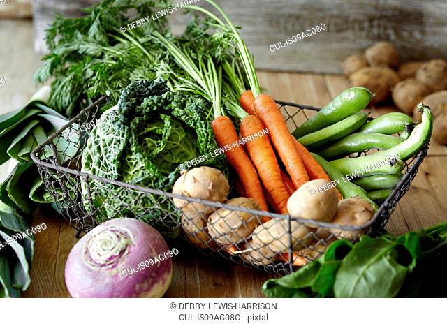 Selection of fresh vegetables in metal wire basket