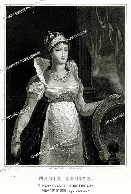 MARIE-LOUISE OF AUSTRIA second empress of Napoleon I standing, wearing a crown and clutching the furniture