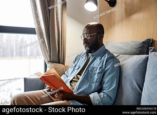 Young man reading novel on sofa at home