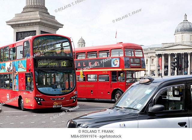 England, London, buses and taxi in the Trafalgar Square