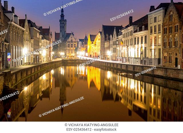 Historic medieval buildings in Bruges, Belgium at night