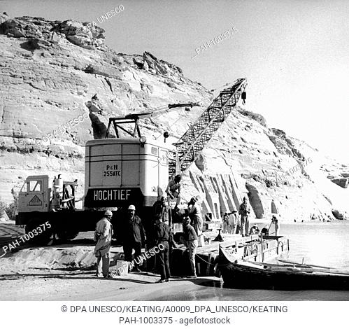 A construction machine of the German company Hochtief in Essen working in front of the Nefertari temple of Abu Simbel. (Recording from the 60s)