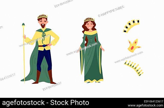 King and Queen Wearing Golden Crown as Fabulous Royal Family Vector Set. Male and Female as Medieval Monarch Concept