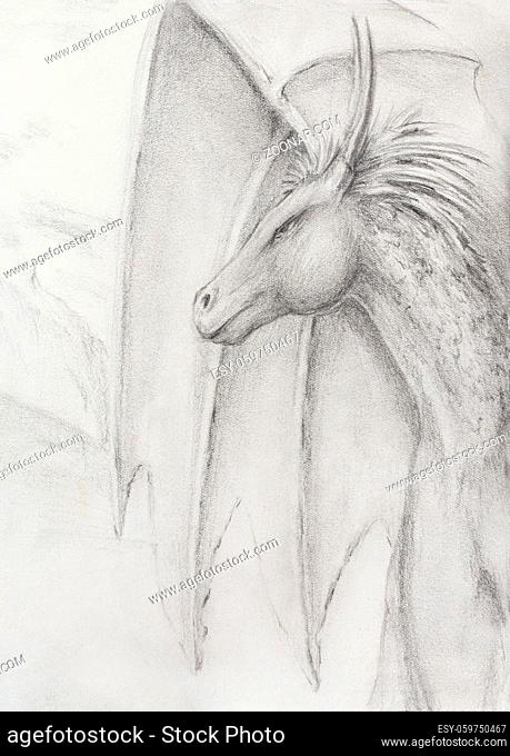 pencil drawing dragon on old paper background
