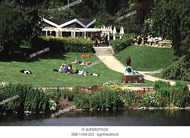 High angle view of tourists in a park, Orsted Park, Copenhagen, Denmark
