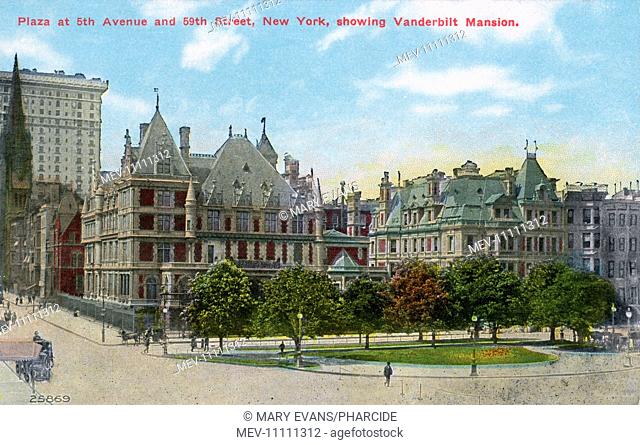 Plaza at 5th Avenue and 59th Street, New York, showing Vanderbilt Mansion. The Vanderbilt Mansion is also known as the Cornelius Vanderbilt II house and was the...