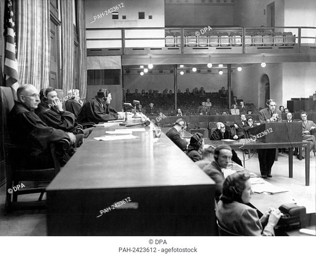 At the judges' table (l-r): James Morris, Curtis Shake, Paul M. Herbert, and Clarence K. Merrell during the trial against Fritz Ter Meer on 2 October 1947