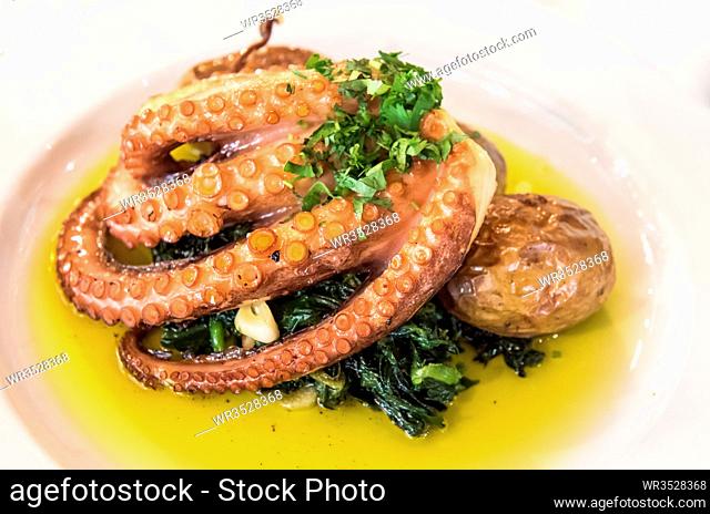 A plate of roasted octopus portuguese style