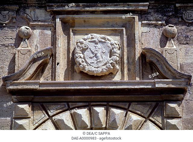 Gate with a coat of arms, Castle Ansouis, Provence-Alpes-Cote d'Azur. Detail. France