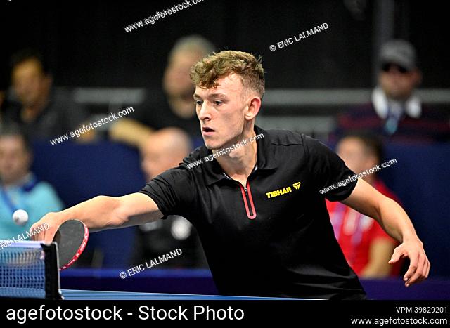 Belgian Adrien Rassenfosse pictured in action during a table tennis game against Croatian Pucar in the 16th final of the table tennis tournament on the ninth...