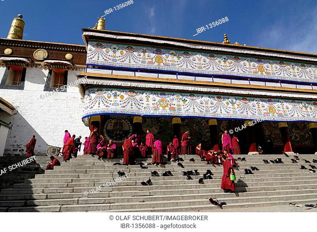Tibetan monks in cowls of the Gelukpa order sitting on the stairs of the Assembly Hall, Tibetan Dukhang, Labrang Monastery, Xiahe, Gansu, China, Asia