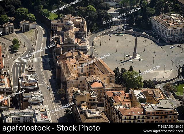 View of Piazza del Popolo from the Police helicopter over the city of Rome for movements checks on Liberation Day , Rome, ITALY-25-04-2020