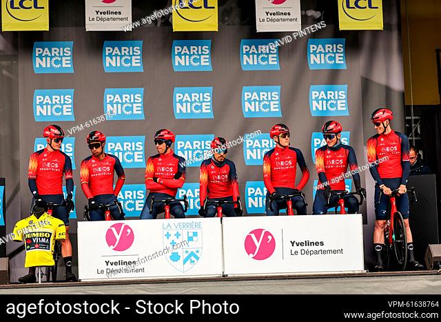Ineos Grenadiers riders pictured at the start of the first stage of 81st edition of the Paris-Nice eight days cycling stage race, from and to La Verriere (169