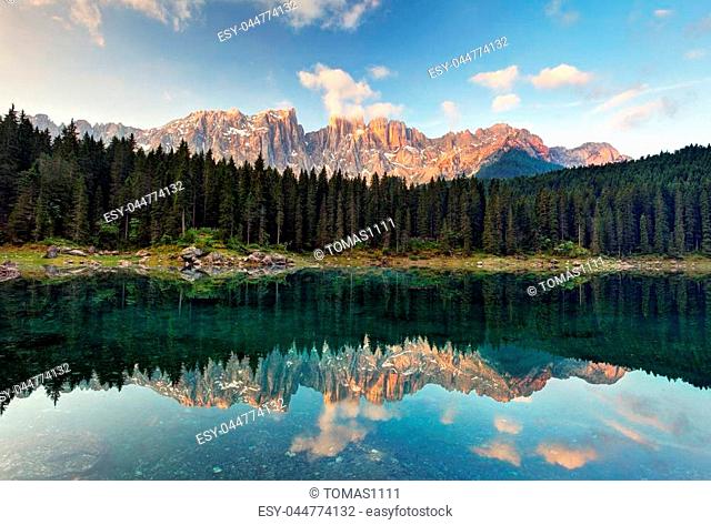 Alps lake landscape with forrest mountain, Lago di Carezza - Dolomites