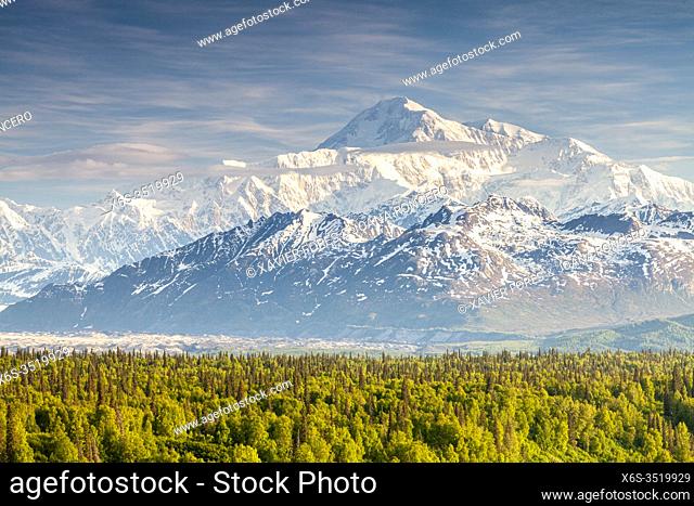 View of McKinley or Denali mount from Parks Highway, Alaska, U. S. A