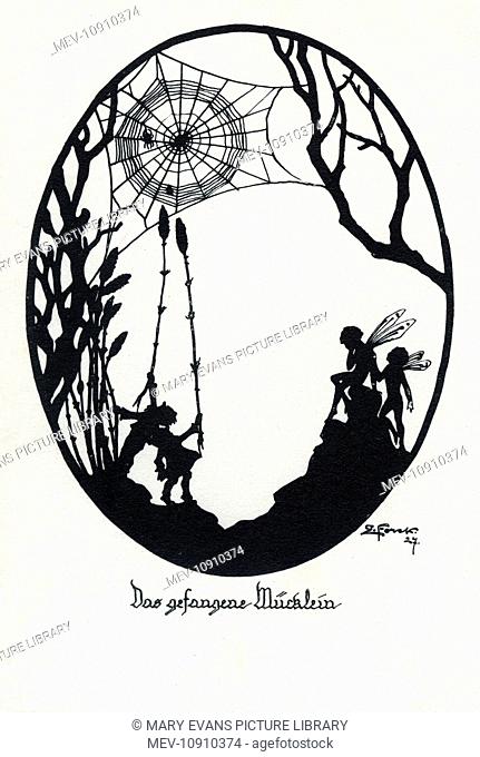Silhouette depicting a fly caught in a cobweb. Two fairies sit, powerless to help, but two elves try to free it
