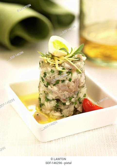 Tuna, onion, chive and quail's egg tartare