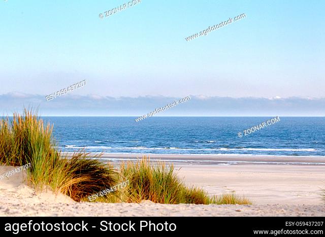Blick aus den Dünen auf den Strand der Nordseeinsel Juist in Ostfriesland, Deutschland, Europa, am frühen Morgen. View from the dunes towards the beach on the...