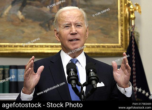 United States President Joe Biden delivers remarks on the ongoing federal response for Hurricane Ian in the Roosevelt Room at the White House in Washington