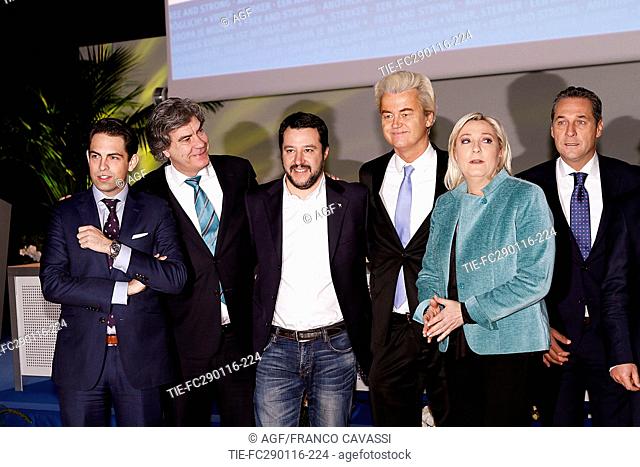 Tom van Grieken, Marcel de Graaf, Matteo Salvini, Marine Le Pen, Geert Wilders, Heinz-Christian Strache