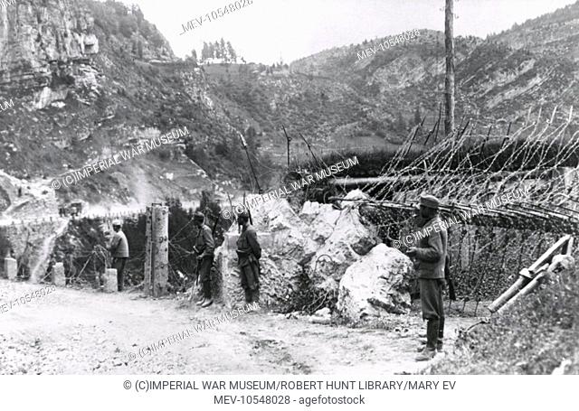 Barbed wire entanglements at the Torzburg Pass, Romania, during the First World War