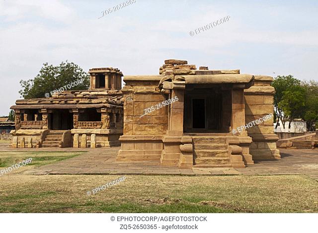 Lad Khan Temple on the left and Suryanarayana Gudi on the right, Aihole, Bagalkot, Karnataka, India