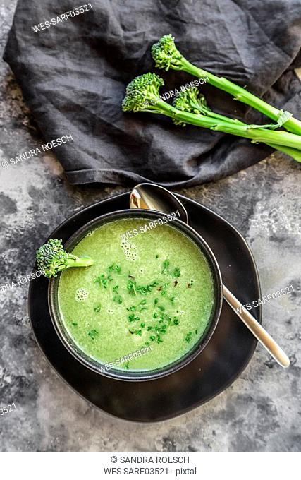 Bowl of broccoli soup with cress