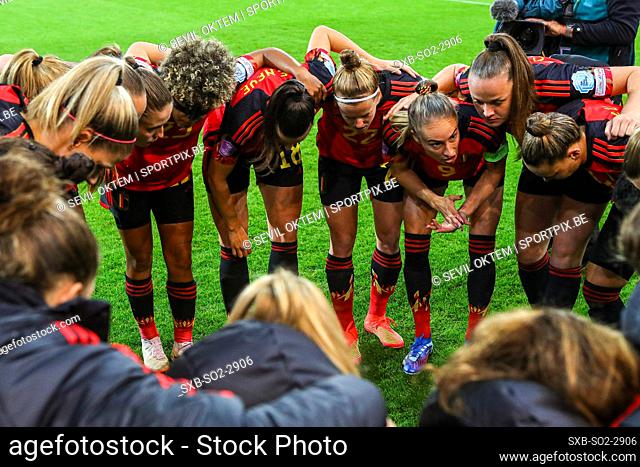 Belgium's Tessa Wullaert (captain)(9) giving instructions during a huddle at the start of a match between Belgium's national women's team