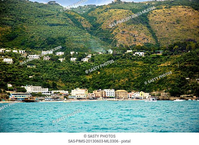 Houses in a town on the coast, Positano, Amalfi Coast, Campania, Italy