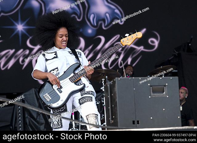 04 June 2023, Bavaria, Nuremberg: Bassist April Kae of the band Fever 333 during the performance on the Utopia Stage at Rock im Park