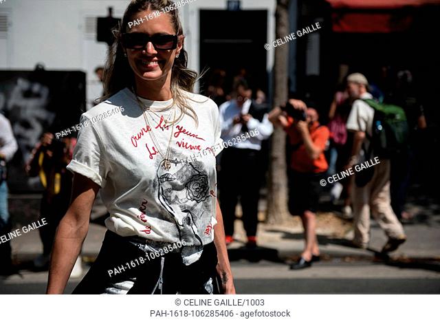 Helena Bordon posing on the street before the Dior runway show during Haute-Couture Fashion Week in Paris - Jul 2, 2018 - Photo: Runway Manhattan/Celine Gaille...