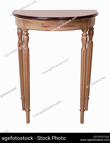 Vintage Furniture - Retro wooden half moon console table with brown top and beige legs isolated on white background including clipping path