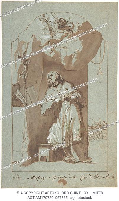 Saint John Nepomuk Praying, 1720â€“59, Pen and brown ink and brown wash, white heightening, 10-3/8 x 6-3/16 inches (26.3 x 15