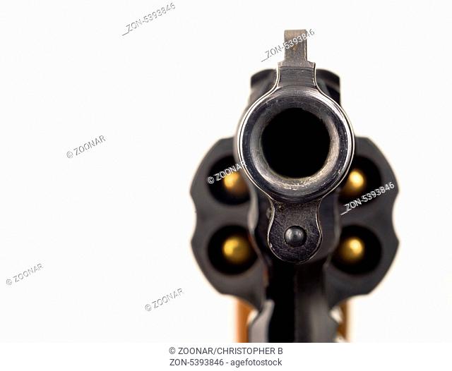 Close up Barrel Snub Nose Revolver Gun Weapon pointed at You
