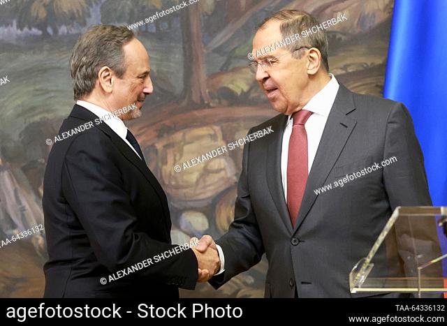 RUSSIA, MOSCOW - NOVEMBER 3, 2023: Kuwait's Minister of Foreign Affairs Sheikh Salem Abdullah Al-Jaber Al-Sabah (L) and Russia's Foreign Minister Sergei Lavrov...