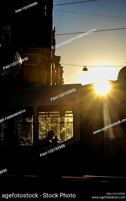 Gothenburg, Sweden A tram on Vasaplatsen in the eraly morning and silhouette. | usage worldwide. - Gothenburg/Sweden
