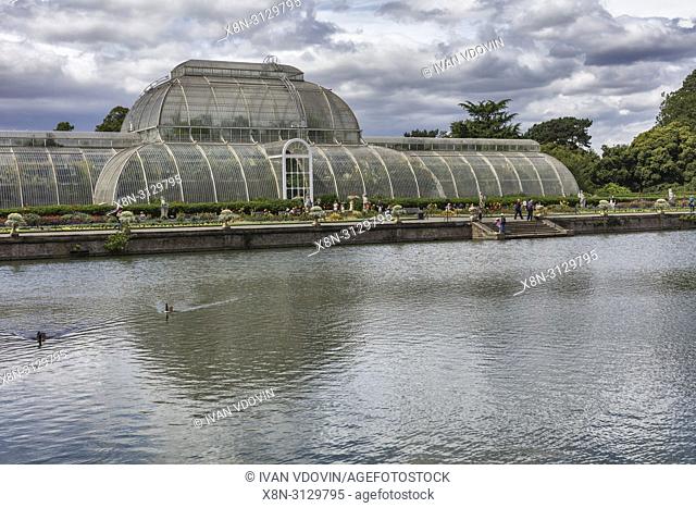 Palm House, pond, Kew gardens, London, England, UK