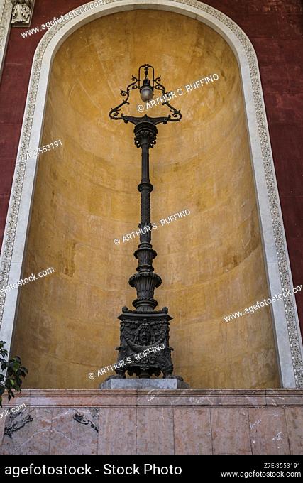 Bronze lantern in a niche in the portico of the main entrance to Massimo Theater (Teatro Massimo). Piazza Verdi, Palermo, Sicily, Italy, Europe