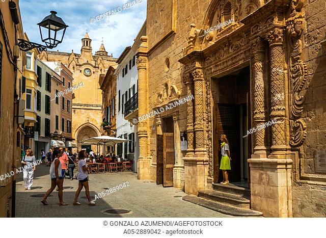 On the right, Roser Church. In the background, Cathedral. Historical Center. Ciutadella. Minorca. Balearic Islands. Spain